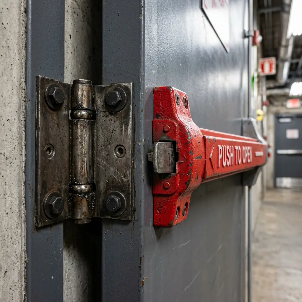 Close-up of steel fire exit door hardware