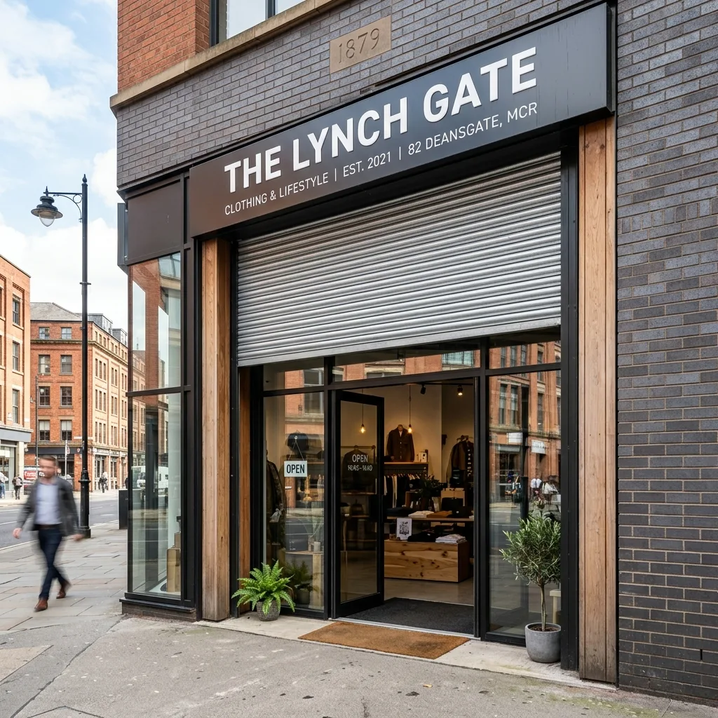 Security roller shutters on a commercial storefront in Manchester