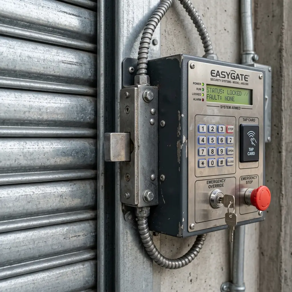 Roller shutter repairs Manchester - engineer inspecting a shutter locking mechanism